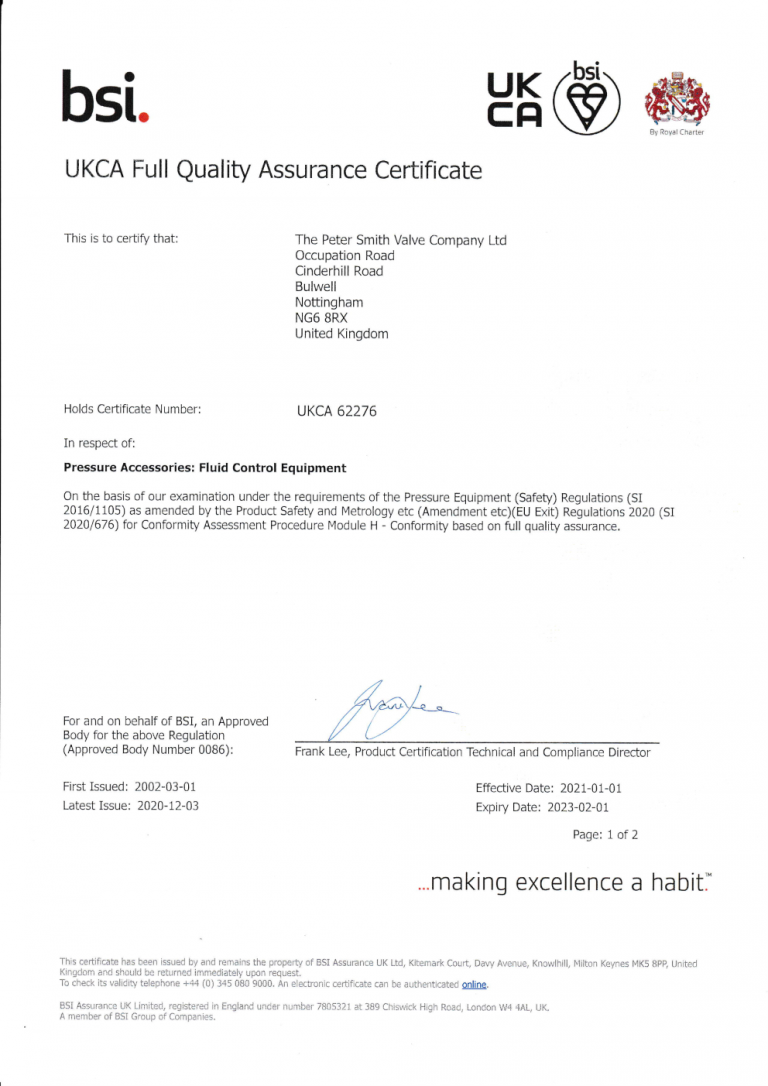 UKCA MARK CERTIFICATE - The Peter Smith Valve Company Ltd